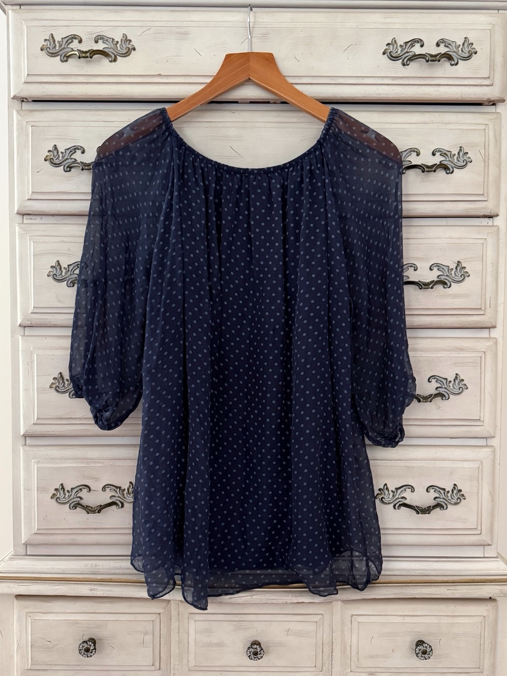 Blue Silk Polka Dot Blouse Top